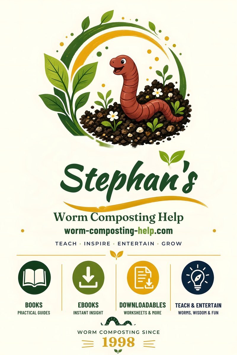 Stephan's Worm Composting Help – a happy red worm in rich compost. Teach, inspire, entertain, grow. Worm composting since 1998 (logo artwork).